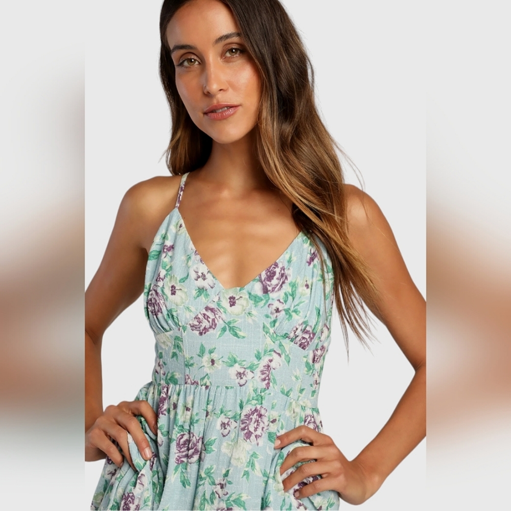 Lulu's Bliss Abound Bliss Baby Blue w/Purple Roses Ruffle Tiered Midi Dress - Picture 9 of 15